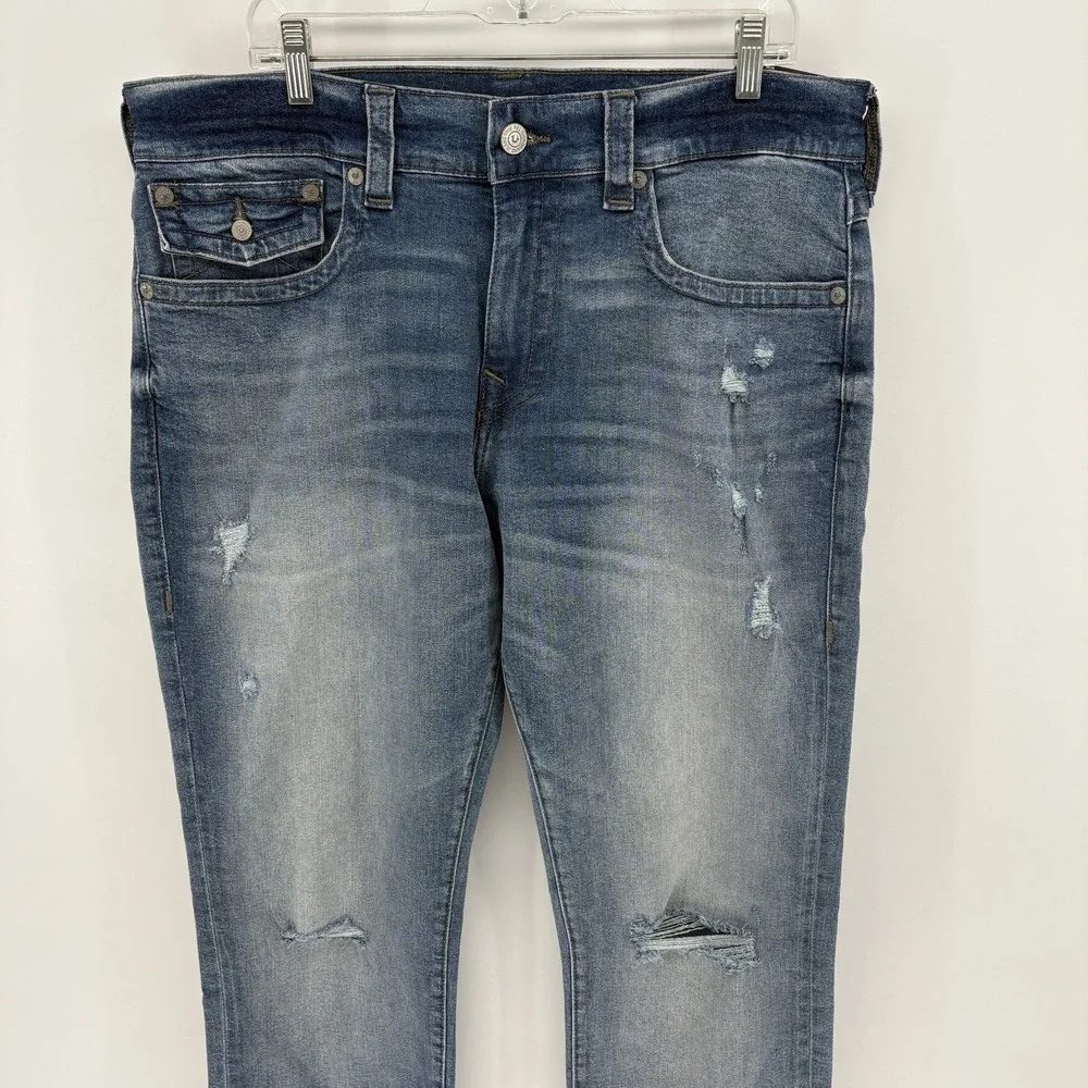 New True Religion Geno Relaxed Slim Jeans Men 36X34 Distressed Big T Flap Pocket